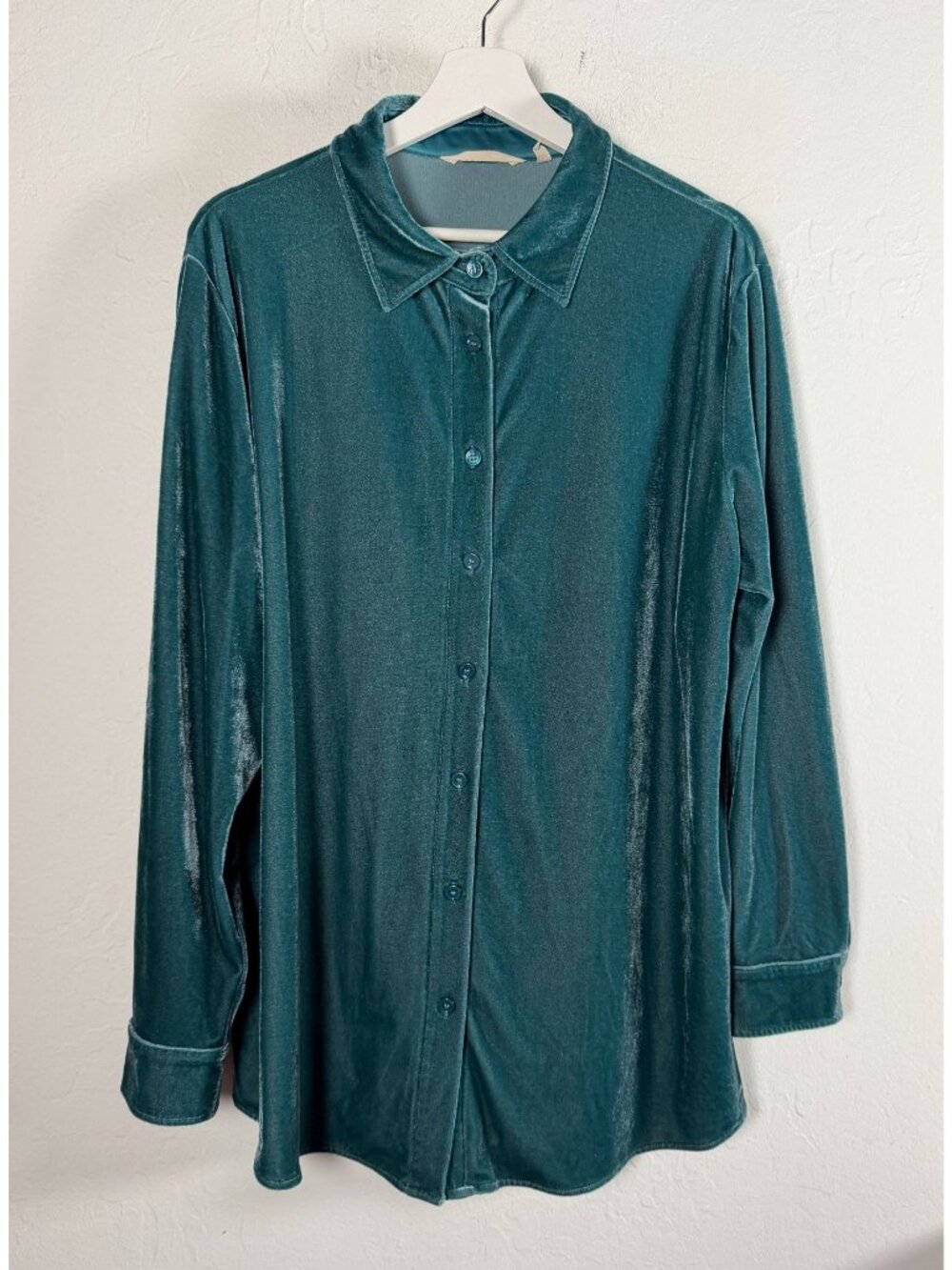 Soft Surroundings Womens Teal Velvet Button Down Long Sleeve Shirt XL Stretch